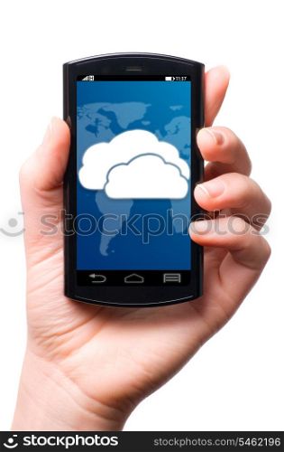 cloud on touch screen phone, cut out from white.
