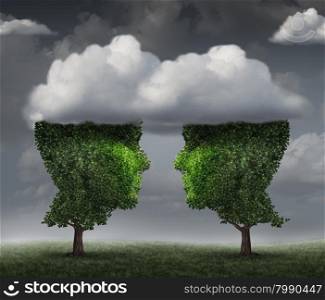 Cloud relationship and growing network communication with a group of two trees shaped as a human head in the clouds floating above their faces as a business concept of team growth sending a message with cloud technology.