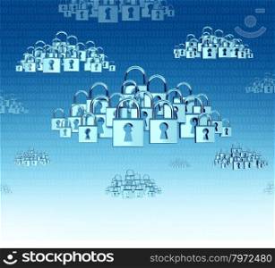 Cloud security and digital information protection technology concept with a binary code blue sky including clouds made of a connected group of locks with key holes as a symbol of internet data management software and network safety.