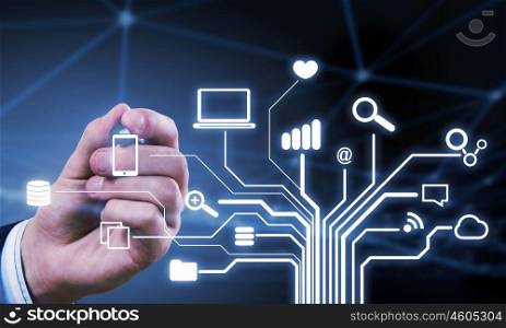 Cloud sharing and connection . Close up of businessperson drawing on screen cloud computing concept