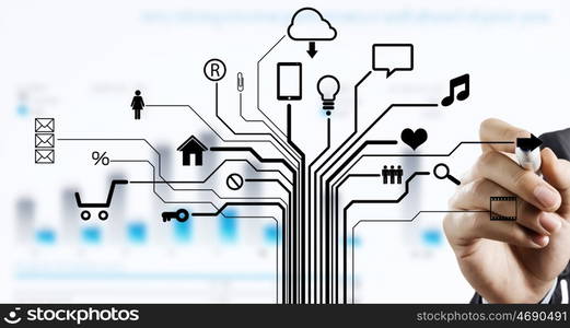 Cloud sharing and connection . Close up of businessperson drawing on screen cloud computing concept