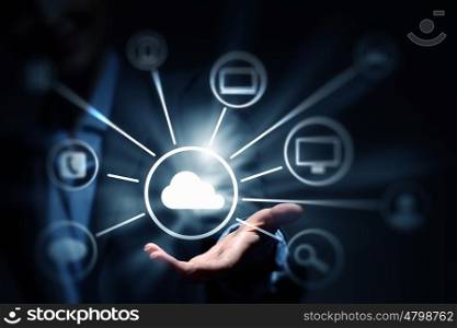 Cloud sharing and connection . Close up of businessperson presenting in plam cloud computing concept