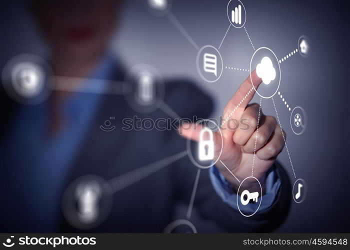 Cloud sharing and connection . Close up of businessperson touching icon of cloud computing concept