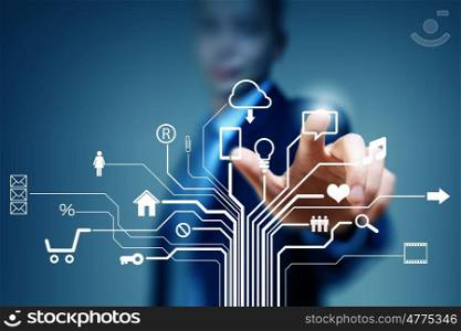 Cloud sharing and connection . Close up of businessperson touching icon of cloud computing concept
