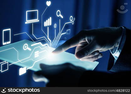 Cloud sharing and connection . Close up of businessperson touching icon of cloud computing concept