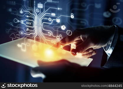 Cloud sharing and connection . Close up of businessperson using tablet representing cloud computing concept