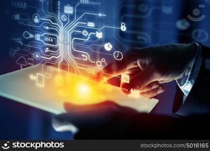 Cloud sharing and connection . Close up of businessperson using tablet representing cloud computing concept