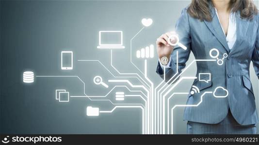 Cloud sharing and connection . Close up of businesswoman drawing on screen cloud computing concept