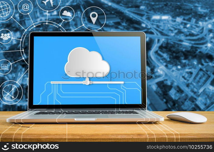 Cloud technology concept, Laptop with cloud computing on table.. Cloud computing.