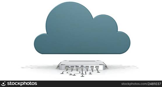 Cloud technology concept with computer chip and cloud icon, 3d rendering