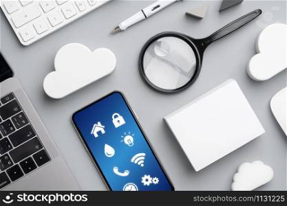 Cloud technology icon for global business concept on a desk from top view