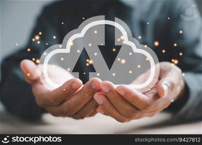 Cloud Technology Revolution, A businessman&rsquo;s hand holds a digital icon, symbolizing global exchange of information through metaverse systems. concept of cloud technology connects businesses worldwide.