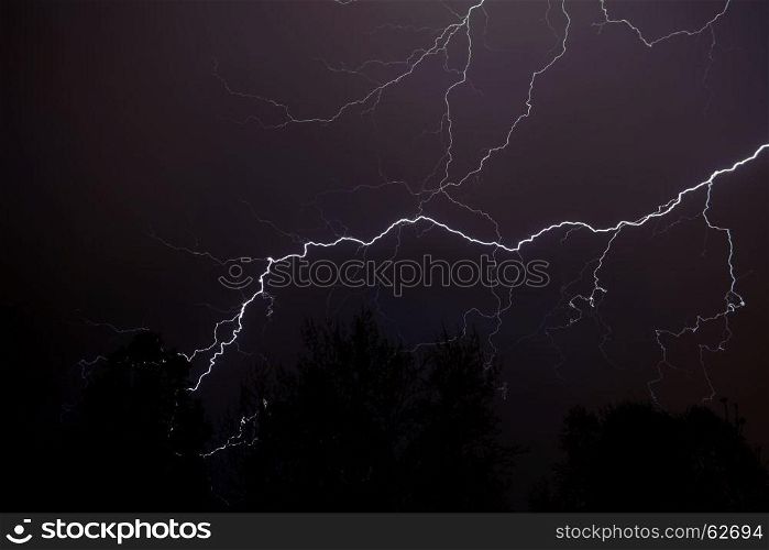 Cloud to ground electric lightning above woods.