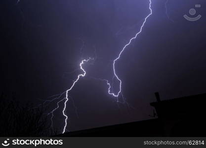 Cloud to ground electric lightning behind house roof top.