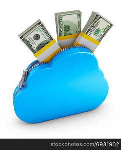 Cloud with zipper and the pack of dollars. 3d rendering.