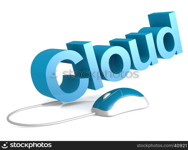 Cloud word with blue mouse, 3D rendering