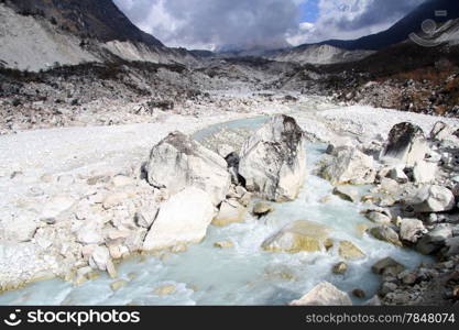 Clouds, glacier and river near Bimtang, Nepal