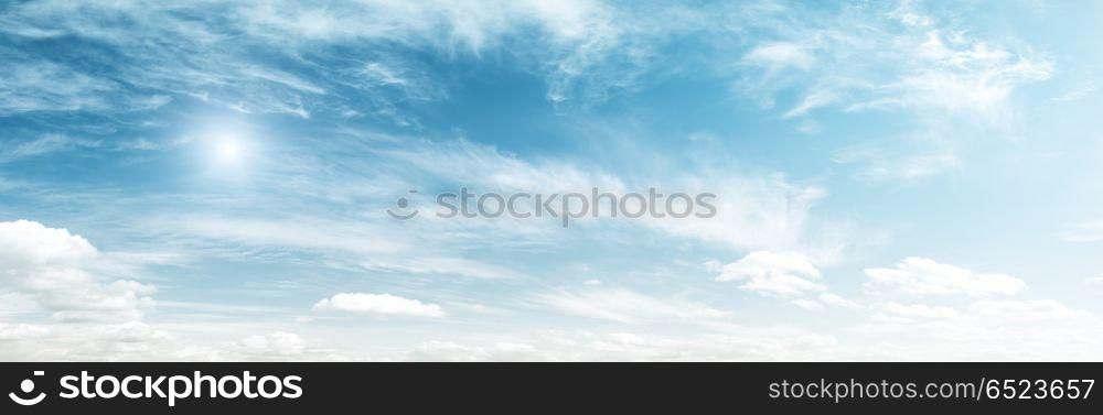 Clouds in sky summer panorama background. Clouds in sky summer panorama background. Outdoor nature. Clouds in sky summer panorama background