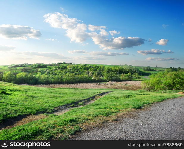 Clouds over the green forest and road