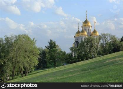 "Clouds over the orthodox temple of "All Saints Church" in Volgograd, Russia,"