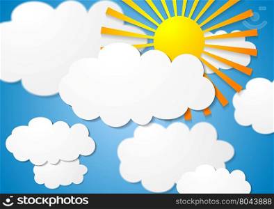Cloudscape with sun. Bright cloudscape with sun. White clouds on blue sky with sunshine. Nature graphic design illustration with clouds and sun