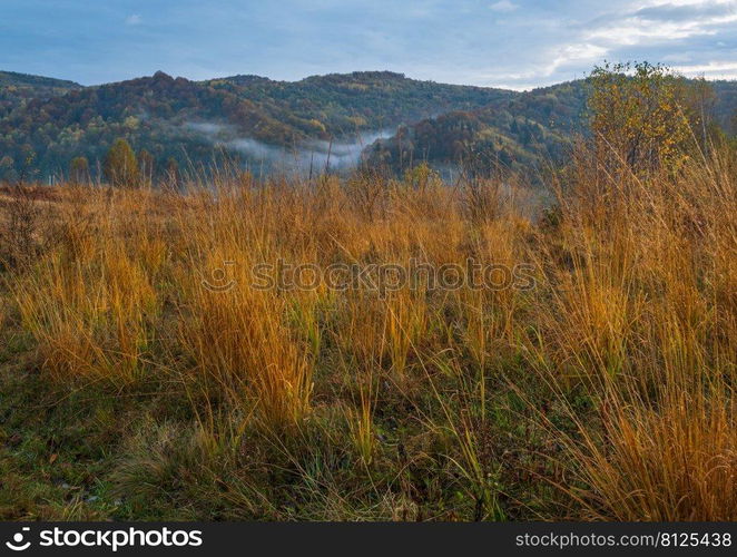 Cloudy and foggy autumn mountain sunrise scene. Peaceful picturesque traveling, seasonal, nature and countryside beauty concept scene.