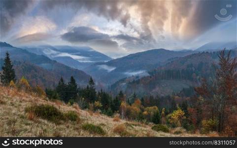 Cloudy and foggy early morning autumn mountains scene. Peaceful picturesque traveling, seasonal, nature and countryside beauty concept scene. Carpathian Mountains, Ukraine.