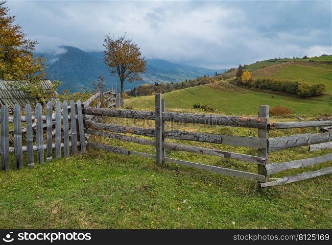 Cloudy and foggy morning autumn meadow scene. Peaceful picturesque traveling, seasonal, nature and countryside beauty concept scene. Carpathian Mountains, Ukraine.