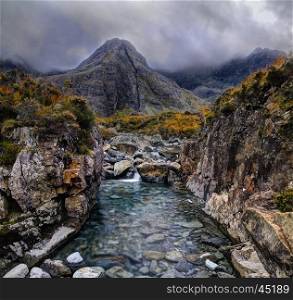 Cloudy morning in Fairy Pools, Glen Brittle, Isle of Skye, Inner Hebrides, Highlands, Scotland