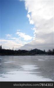 Cloudy skies over the deserted winter lake