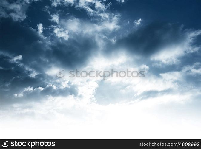 Cloudy sky background with white copy space, stormy dark dramatic sky, beautiful view at overcast weather day, moody nature scene&#xA;