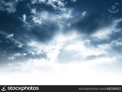 Cloudy sky background with white copy space, stormy dark dramatic sky, beautiful view at overcast weather day, moody nature scene&#xA;