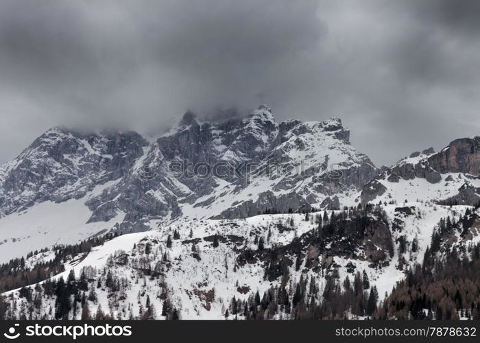 Cloudy spring weather in Dolomites mountains. Italian Dolomites