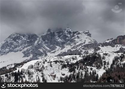 Cloudy spring weather in Dolomites mountains. Italian Dolomites