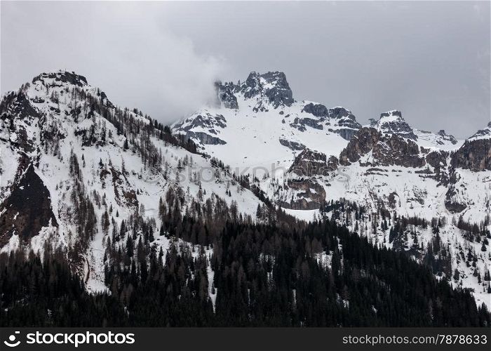 Cloudy spring weather in Dolomites mountains. Italian Dolomites