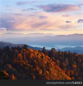 Cloudy sunrise at Smoky Mountains. Great Smoky Mountains National Park, USA