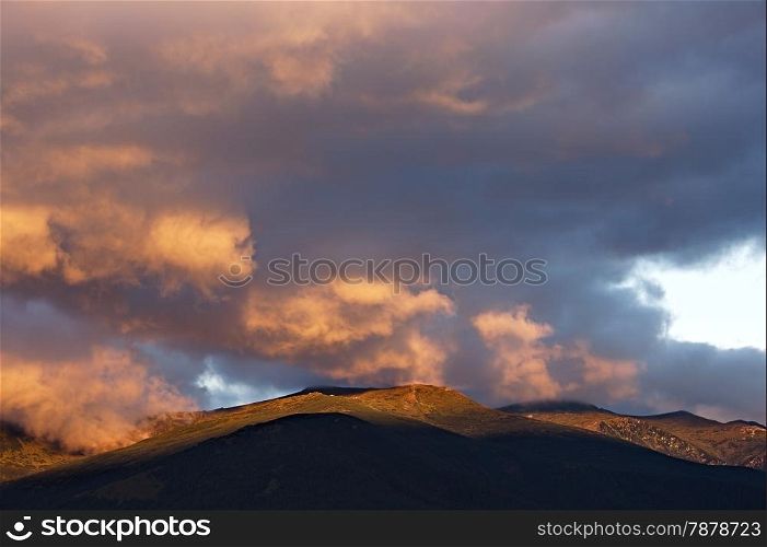 Cloudy sunrise in Carpathian mountains, Ukraine