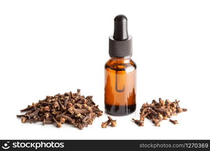 Clove essential oil isolated on white background. Clove oil glass bottle with dropper