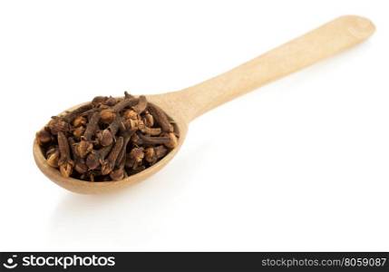 clove spices and spoon isolated on white background