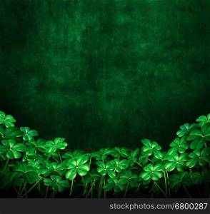 Clover green grunge background with four leaf clovers with copyspace as a symbol for saint patrick or Irish celebration as a 3D illustration.