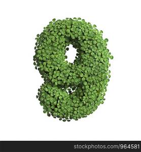clover number 9 - 3d spring digit isolated on white background. This alphabet is perfect for creative illustrations related but not limited to Nature, ecology, environment...