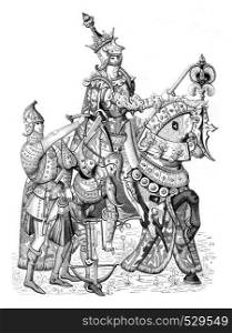 Clovis under the figure of Charles VII in military regalia, vintage engraved illustration. Magasin Pittoresque 1847.