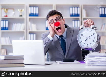 Clown businessman with alarm clock missing dieadline