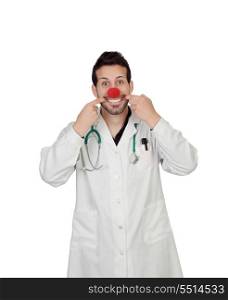 Clown Doctor Making Face Over White Background