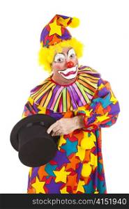 Clown has lost his arm, reaching deep inside his magic top hat. Isolated.