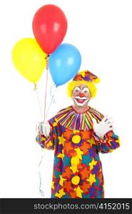 Clown holding a bunch of balloons and waving. Isolated on white.