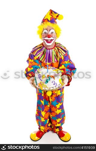 Clown holding birthday cake. Full body isolated on white.