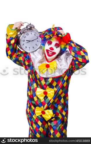 Clown with alarm clock isolated on white
