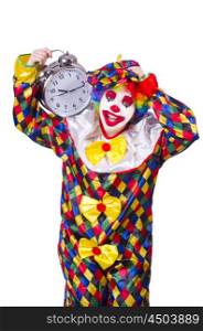 Clown with alarm clock isolated on white