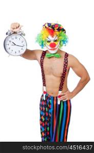 Clown with alarm clock on white